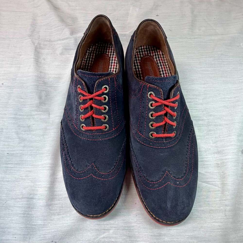 Johnston & Murphy Navy Blue Suede Wingtip Oxford Brogues with Red Laces